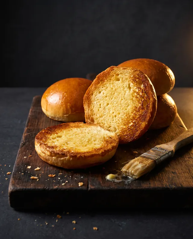Des buns briochés dorés, l'un ouvert et toasté sur la plancha