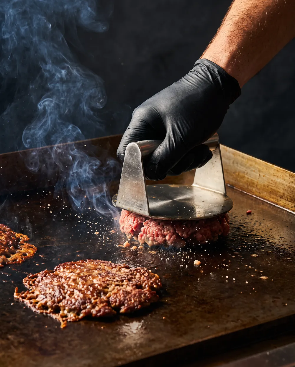 Une main gantée écrase une boule de bœuf sur la plancha brûlante avec une presse en inox